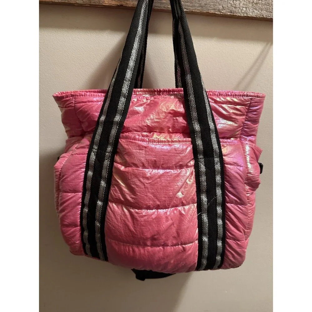 Justice Shiny Pink Quilted Tote with Black & Silver Straps EUC